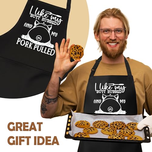 Funny Aprons for Men with 2 Pockets, Cooking Apron for Dad, Gag Gifts for Men, Adjustable BBQ Grilling Apron for Husband, Chef Kitchen Gifts for Birthday & Father’s Day - A05 - color: I Like My Butt Rubbed and My Pork Pulled
