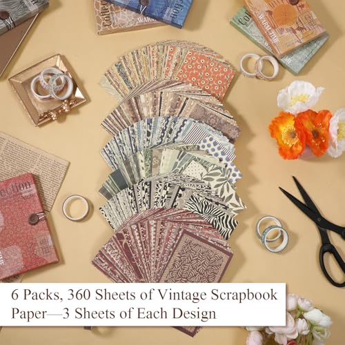 360 Sheets Vintage Junk Journal Paper & 10 Rolls Washi Tape, 5.1 x 3.1 Inch Mini Decorative Scrapbook Paper, Retro DIY Journaling Supplies for Travel Notebook, Aesthetic Ephemera Craft Decor