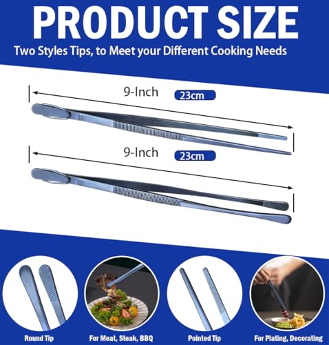 JETKONG 2 Pcs 9-Inch Cooking Tweezer Tongs Stainless Steel Kitchen Tweezers Plating Tongs (Navy Blue) - color: Navy Blue, size: 9+9 Inch