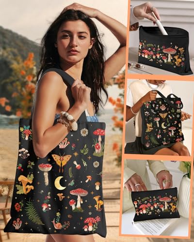 Miss Adola Canvas Tote Bag with Matching Makeup Pouch - color: Black Mushroom