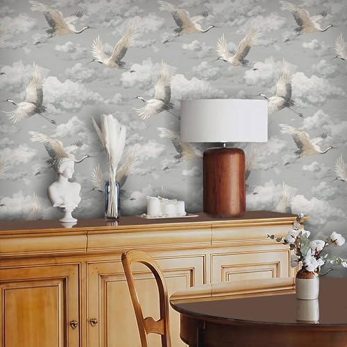 Vintage Crane Cloud Peel and Stick Wallpaper, Chinoiserie Gray Wallpaper - size: 17.7" x 118"