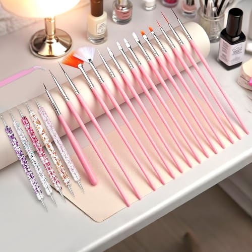 Nail Art Tools Set, Nail Art Kit for Beginners: 15 professional nail brushes for nail art, 5 precision dotting tools, 1 pink curved tweezers, Design Tools for Nail Tech & Beginners