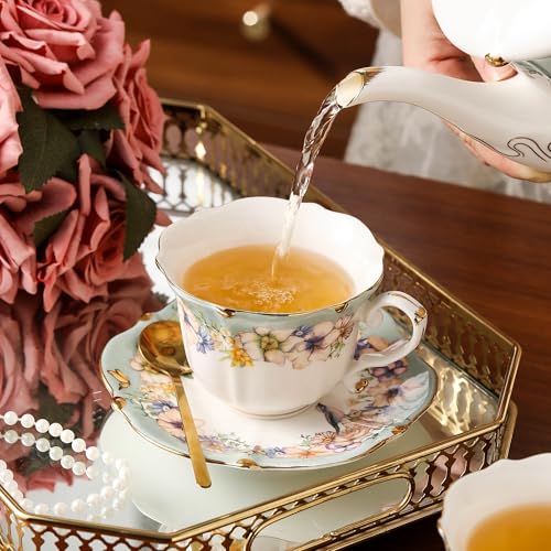 TATSUMI Country Roses Porcelain Tea Set, European Ceramic tea set for adults,Vintage Style, For Women and Tea Parties (Dutch Blue, 13 Pieces Set) - color: Dutch Blue, size: 13 Pieces Set