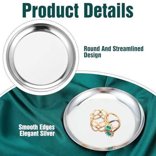 2 Pcs Silver Tray, 4 Inch Stainless Steel Round Serving Tray Circle Jewelry Trays Decorative Coffee Table Trays Display Serving Platter Candle Plate for Bathroom, Candle, Perfume, Countertop - color: Silver