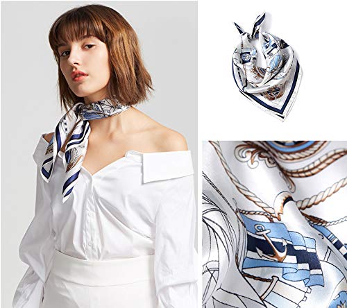 ANDANTINO 100% Mulberry Silk Scarf -21” Square Neckerchief with Gift Packed - color: Blue& White