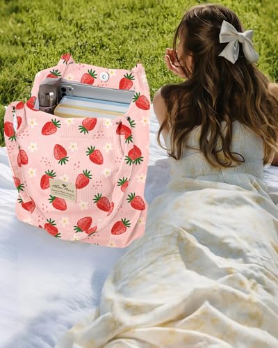 Miss Adola Corduroy Tote Bag for Women Cute Design - color: Flower Strawberry