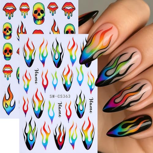 Halloween Skull Nail Stickers Decals 12PCS Colorful Halloween Nail Art Stickers 3D Self-Adhesive Decals Flame Ghost Mushroom Spider Web Colorful Dripping Y2K Designs Manicure Decor Nail Supplies - style: Halloween Skull Flame