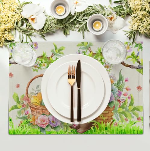 Easter Rabbit Placemats Set of 4 Spring Easter Egg Bunny Flowers Floral Place Mat 12x18 Inch Seasonal Farmhouse Linen Fabric Table Mats for Kitchen Dining Outdoor Indoor Easter Party Decoration - color: Easter Rabbit