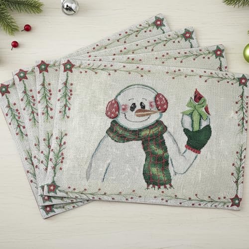 DaDa Bedding Magical Snowman Placemats - Set of 4 Festive Holiday White Tapestry - Cotton Linen Woven Dining Table Mats - 13” x 19” (9733) - color: Snowman
