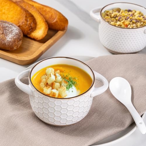 GBhome 22 Ounces Soup Bowls with Large Handles and Lids, Stoneware Bowls Set of 4 with Spoon for Soup, Cereal, Stew, Colourful Ceramic Kitchen Bowls, Microwave&Dishwasher Safe, Off White - color: Off-White