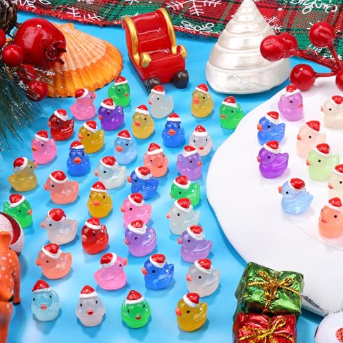 120Pcs Luminous Christmas Mini Resin Duck 14 Colors Glow in The Dark Small Duck Figurines for Miniature Christmas Decor Aquarium Ornament Dollhouse Decoration DIY Slime Craft Kit Birthday Party Favors - color: 120pcs-christmas Ducks