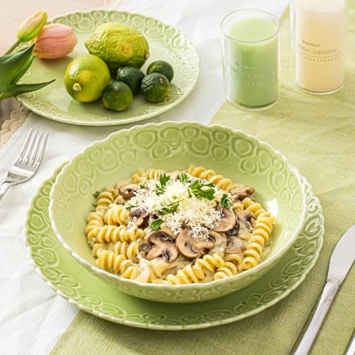 HOMBENE Heartbeat Pasta Bowls Set of 4, 40oz, Porcelain Wide and Shallow, Soup, Pasta, Noodle, Dinner, Large Salad Bowls Soup Bowl for Kitchen, Microwave & Dishwasher Safe (Mint Glow Green) - color: Mint Glow Green, size: 40oz
