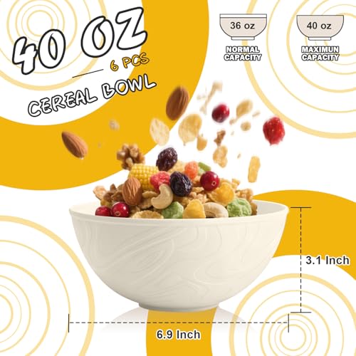 Unbreakable Wheat Straw Kitchen Cereal Bowl 40 OZ, Microwave & Dishwasher Safe Bowls, Alternative Plastic Bowls for Kitchen, Outdoors, RV, Camping, Patio, Set of 6, Beige - color: Beige, size: 40 OZ