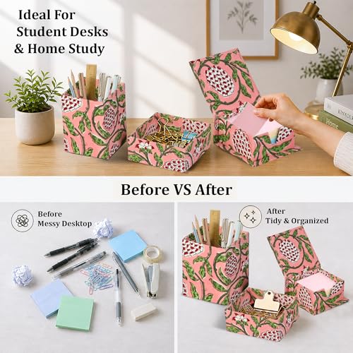 Ridhi Strawberry Pink Block Print Office Desk Organizer Pen & Note Holder - color: Strawberry Pink