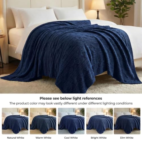 SUPERIOR Fleece Boho Jacquard Blanket, Decorative Blankets for Bedroom, Sofa, Plush, Fluffy, Soft, Cute Room Decor, Beautiful Cover, Comfort Essentials, Arctic Collection, Full/Queen, Navy Blue - color: Navy Blue, size: Full/Queen