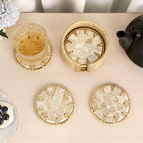 Coastal Coasters Set of 6, Boho Coaster Set with Holder, Fish Scale - style: Fish Scale