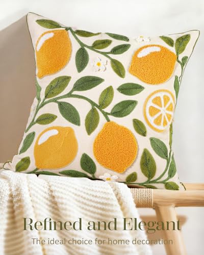 Embroidered Throw Pillow Cover, 18x18 Inch, Lemon Branch - color: Branch-lemon, size: 18" x 18" (Pack of 1)
