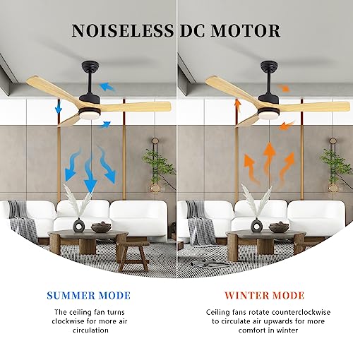52" Natural Ceiling Fan with Lights Remote Control - color: Natural wood ceiling fan