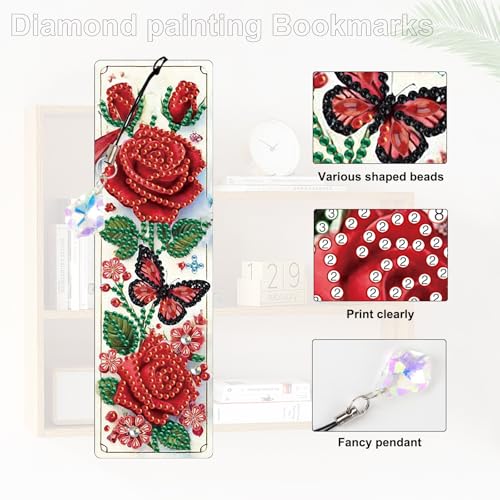 Tontut 3pcs Diamond Art Painting Kit Bookmarks, Butterfly Rose Flower Exquisite General DIY Bookmarks, Lightweight and Durable, Suitable for Reading Lovers - color: Rose