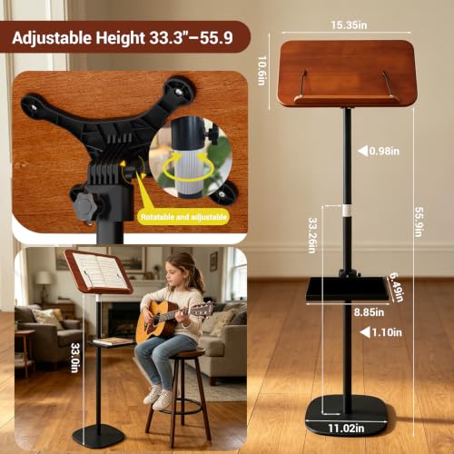 Adjustable Wood Music Stand, 2 in 1 Floor Book & Cookbook Stand with Tray