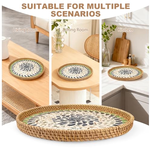 13.7" Decorative Round Rattan Tray with Mother of Pearl, Hand-Woven Wicker Serving Tray, Boho Rattan Basket Platter for Fruit Bread Coffee Counter Dessert Kitchen - color: Large