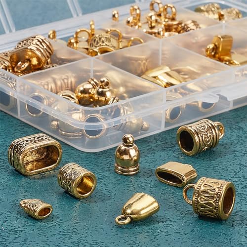PH PandaHall 78 pcs 8 Styles Leather Cord End Cap Alloy Tibetan Style Metal Bead Tube Barrel Loop Clasp for Earring Bracelet Jewelry DIY Craft Making Antique Golden, for 2~12mm Cord - color: Antique Golden-78pcs