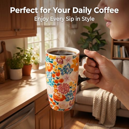 Topadorn 17oz Ceramic Travel Mug with Lid, Colorful Floral Coffee Mug - color: Spring at Garden