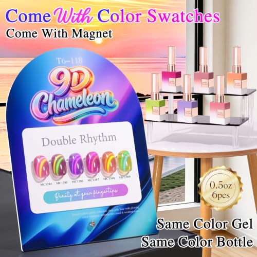 Double Rhythm Cat Eye Gel Nail Polish Set of 6 Same Color Same Bottle 0.5 Oz Shimmer Glitter with Magnet Holographic Reflective Magnetic UV Nail Polish Kit at Home (T6-118) - color: Chameleon 9D