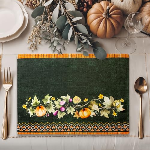 Maison d' Hermine Placemats Set of 4 Reusable 100% Cotton (13"x19") - color: 047 - Pumpkin Garden - Dark Green, size: 13" X 19" (Pack of 4)