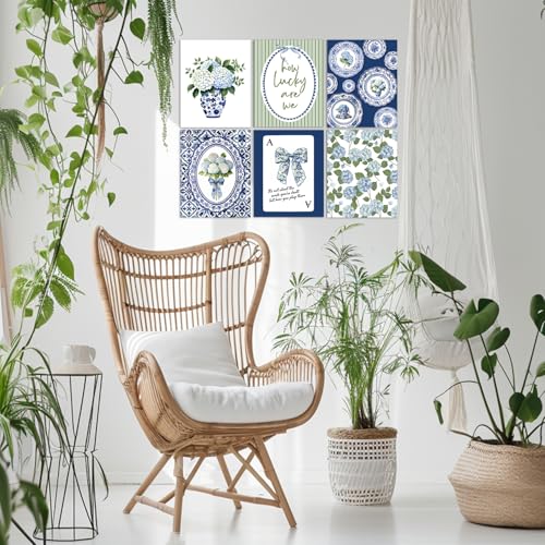 LUKIPOM Blue Chinoiserie Hydrangea Wall Art Poster,Coquette Blue and White Floral Grandmillennial Canvas Wall Decor Gifts for Women Teen Girls Home Bedroom Living Room，8x12in Set of 6 - color: Color 018