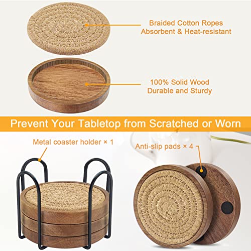 Wood Coasters for Drinks, Eykao Absorbent Coaster Sets of 5, Woven Drink Coasters for Coffee Table, Housewarming Gift for Farmhouse Home Decor,4 inches - color: Brown (With Holder)