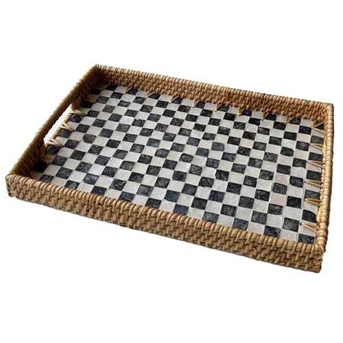 Handmade Mother of Pearl Rattan Serving Tray with Handles 13" x 9" Natural Shell Mosaic Pattern Ottoman Tray for Storage and Display of Coffee Bread Food Fruit (Black White Checkered) - color: Black White Checkered