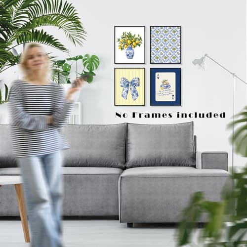 LUKIPOM Lemon Chinoiserie Wall Art Posters Set of 4, Grandmillennial Home Decor, Floral Blue and White Porcelain Lemon Tree Canvas Prints Artwork for Kitchen Wall Decor, 8x10 Unframed - color: Color 011