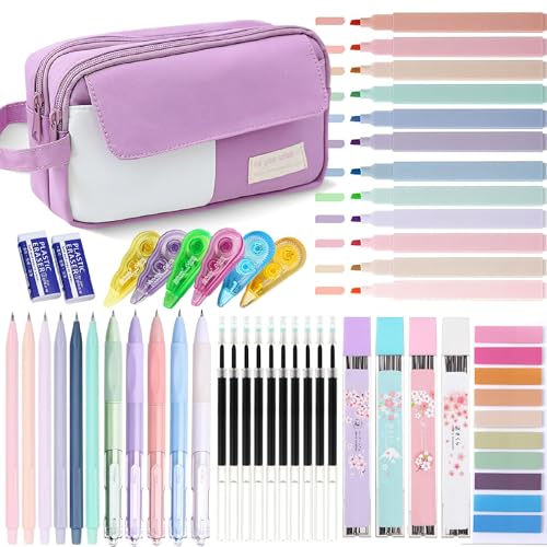 42 Pcs Big Capacity Pencil Pouch with Aesthetic School Supplies, 12 Pastel Highlighters, 5 Black Ink Gel Pens, 6 Mechanical Pencils Set 0.5 & 0.7mm, Sticky Notes, Stationary Set for Student(Purple) - color: Purple