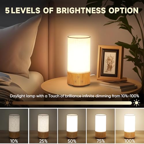 Caromolly Light Therapy Lamp, Happy Lamp 10,000 LUX UV Free with 3 Color Temperature & 5 Brightness Level, Full Spectrum Light Wood Base Round Flaxen Fabric Shade for Home, Office, 4" × 8.4”