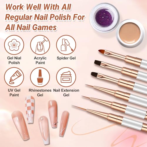 MUIIGOOD Double-Ended Acrylic Nail Art Liner Brushes, 6Pcs Gel Polish Nail Art Design Pen Painting Tools Set For Nails, Dotting Drawing Tool Polygel Brush for Long Lines, Thin Details, Fine Drawing - color: White