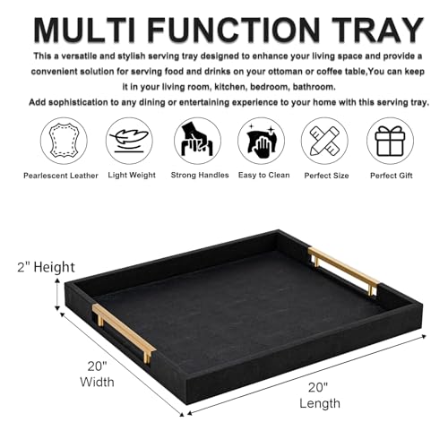 Black Faux Leather Decorative Serving Tray with Handles – Large Square for Coffee Table, Ottoman, Living Room & Bathroom Home Decor - color: Black, size: 20" x 20" x 2"