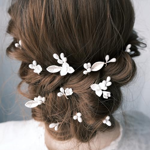 Handmade Pearl Bridal Wedding Hair Pins 12Pcs White Flowers Pearls Clips Wedding Hair Accessories for Women Brides Bridesmaid - color: Set-B-Bronze