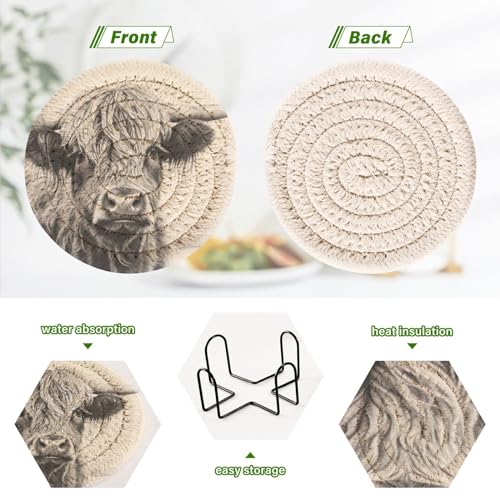 Vintage Highland Cow Drink Coasters Set - 6 Pcs Minimalist Woven Coasters with Holder for Home Decor, 3.94 Inch Absorbent Coasters for Drinks - color: A04