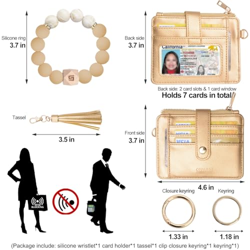 COOLANS Silicone Bracelet Wristlet Wallet Credit Card Holder RFID ID Window Key Ring Tassel Slim Wallet Women Keychain Purse - color: Light Gold