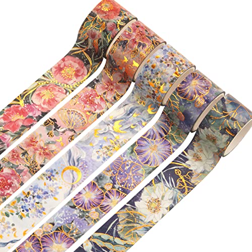 YUBBAEX Blooming Washi Tape Set Gold Foil Masking Tape Peony Wide Decorative for Arts, DIY Crafts, Journal Supplies, Planners, Scrapbook, Card/Gift Wrapping -25mm- (Purple Flowers) - color: Purple Flowers