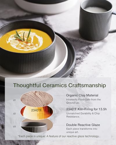 Famiware Star Stoneware Dinnerware Sets for 8, Reactive Glaze Plates, Bowls - color: Matte White & Charcoal