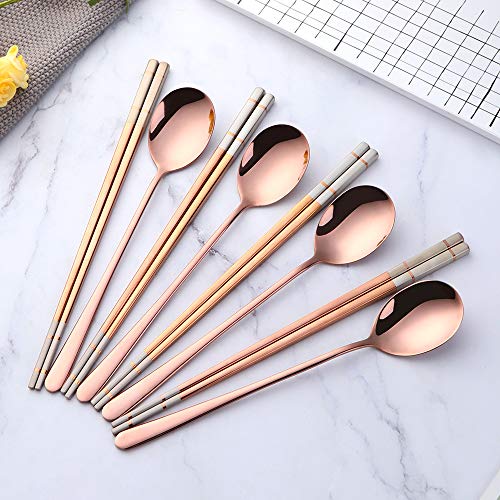 Buyer Star 4 Set Rose Gold Square Chopsticks and Spoons Set Metal Stainless Steel Spoons Chopsticks Set - color: rose gold-square chopstick and spoon