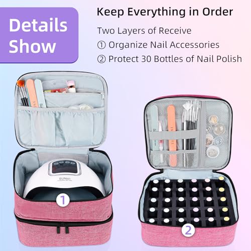 ALSLEA Nail Polish Organizer Holds 30 Bottles (15ml - 0.5 fl.oz) Double-layer Gel Nail Polish Kit Case, Nail Holder for Nail Lamp, Portable Nail Organizer and Storage for Nail Supplies (Rose) - color: Rose, size: 30 slots