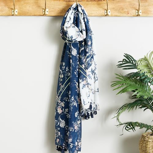 Hadley Wren Womens Lightweight Floral Scarf with Tassels - color: Blue