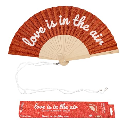 Fisura – Original folding fan with “Love Is in the Air” message. Modern and colorful wooden folding fan. Red glitter folding fan. Includes strap. Fun gift idea. 16.7 x 9 in. - color: Love is in the Air, Red