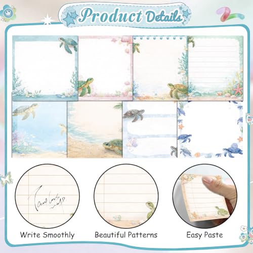 Sea Turtle Gift Sticky Notes - 9 Pcs Turtle Desk Accessories, Cute Animal Adhesive Notepads, School Office Stationery Supplies Birthday Christmas Festival for Turtle Lover 3 * 3 Inches - style: Sea Turtle