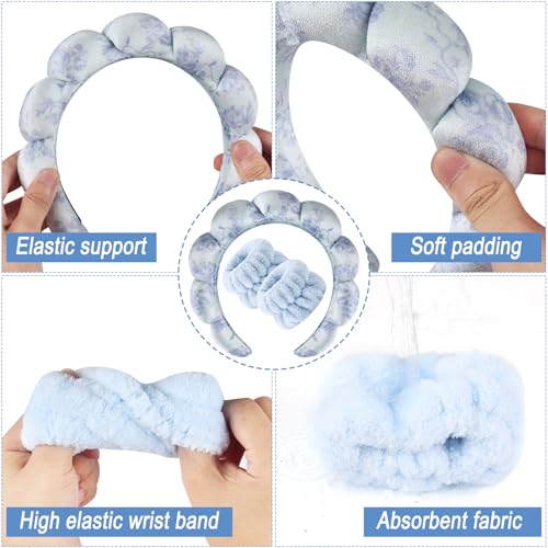 Zkptops Spa Headband for Washing Face Wristband Set Flower Sponge Makeup Skincare Velvet Fabric Bubble Soft Get Ready Hairband for Women Puffy Headwear Non Slip Thick Thin Hair Accessory(Blue Flowers) - color: ZYG Blue Flowers