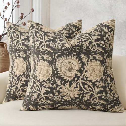Vintage Floral Print Throw Pillow Covers 20x20 Set of 2 Neutral Modern Farmhouse Pillowcases Accent Decorative Cushion Covers Boho Home Decor for Couch Sofa Chair Bed Living Room, Black - color: Black, size: 20" x 20" (Pack of 2)