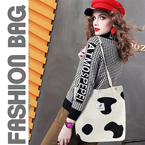 Ayieyill Corduroy Tote Bag for Women Canvas Shoulder Cord Purse with Inner Pocket - color: Cow